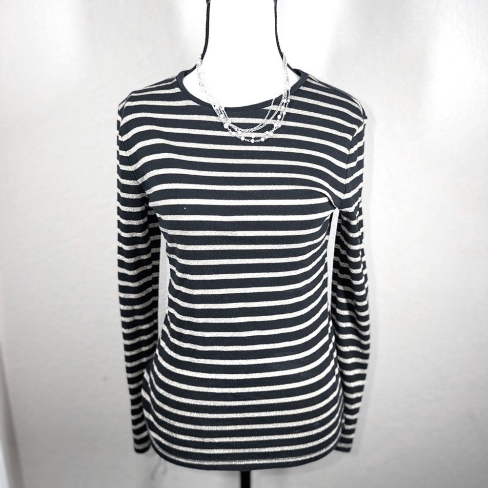 Lauren Ralph Lauren Black Gold Metallic Striped Long Sleeve Top Size M Womens